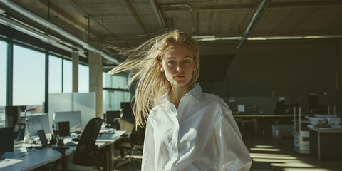 Poster - confident woman in white shirt stands in modern office, with sunlight streaming through large windows, creating dynamic and professional atmosphere