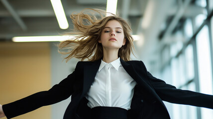 Poster - confident woman in business suit poses dynamically in modern office setting, her hair flowing with movement, exuding professionalism and style