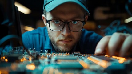 Poster - A man with glasses is looking at a computer chip