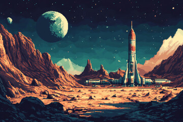 Wall Mural - futuristic rocket stationed on alien planet with rocky terrain. space travel illustration in pixel a