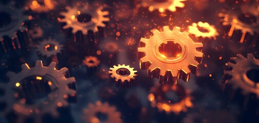 Poster - Close-up of intricate gears in motion, illustrating the beauty and complexity of mechanical engineering. The warm glow of metal highlights the precision and artistry of machinery.