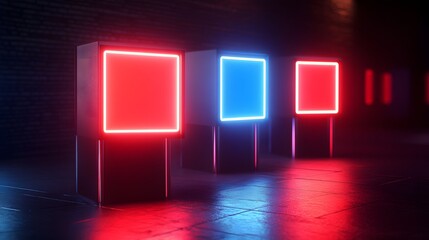 Poster - Vibrant neon squares illuminate dark space.