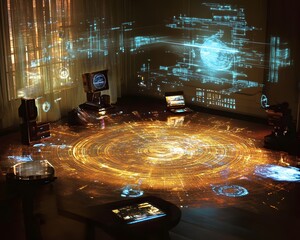 Poster - A futuristic workspace featuring holographic displays and digital interfaces, showcasing advanced technology
