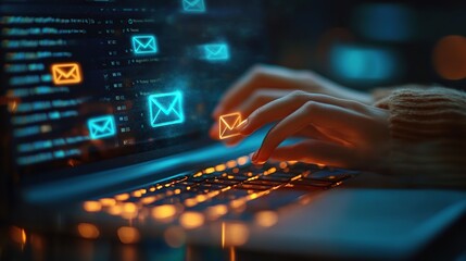 Poster - Digital Communication: Sending Emails on Laptop at Night