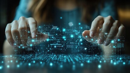 Poster - Woman Interacting with Futuristic Digital Interface