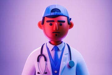 Poster - A 3D cartoon doctor  wearing a blue cap and white coat  looks serious