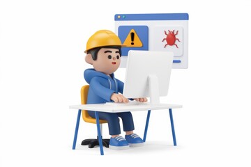 Poster - Cartoon character in hard hat works at computer with virus alert.