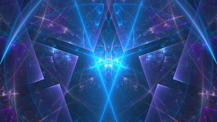 Fototapete - Intricate abstract design showcases a blend of blue and purple geometric shapes illuminated by luminous highlights, creating a captivating and dynamic visual effect. 3d render
