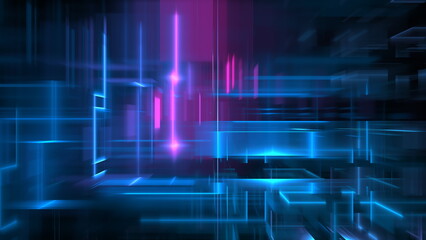 Fototapete - Vibrant lines and shapes in shades of blue and purple intersect and pulse, creating a dynamic abstract pattern. This artwork evokes a sense of movement and energy in a digital space. 3d render