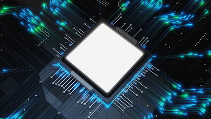 Poster - central processing unit sits at the center of a complex digital circuit board, illuminated by vibran