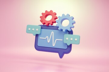 Aufkleber - 3D render of a chat bubble with a heartbeat and gears  representing healthcare technology