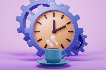 Leinwandbilder - A steaming cup of coffee sits before a clock shaped gear  symbolizing a productive start to the day