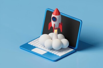 Poster - A cartoon rocket launching from a laptop  symbolizing a successful online business startup