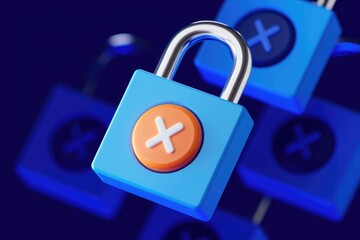 Aufkleber - 3D render of blue padlocks with orange X buttons  illustrating digital security or access denial