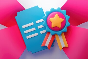 Poster - 3D render of a blue ticket and award badge with ribbons  signifying achievement or reward