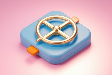 Leinwandbilder - A 3D render of a gold wheel on a blue square  representing control or settings
