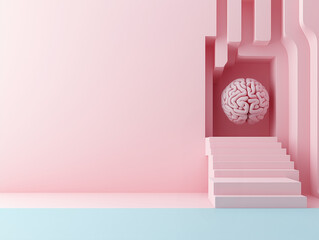 Poster - 3D pink brain takes a break from thinking and decision-making. Brain resting. Copy space. Pastel pink background.