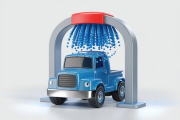 Poster - A blue cartoon truck is being washed in a car wash