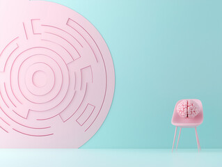 Poster - Creative Minimalist Concept of Brain and Maze in Pastel Pink and Blue. Abstract Brain on Chair Facing Circular Pink Maze in Pastel Setting. Copy space.