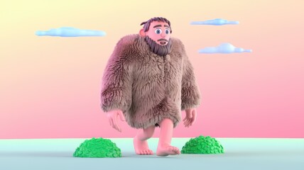 Aufkleber - A 3D rendered cartoon caveman walks barefoot in a fluffy coat across a pastel landscape