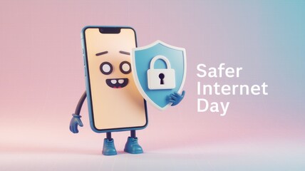 Poster - A happy phone cartoon holding a shield with a lock  symbolizing Safer Internet Day