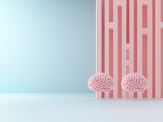 Poster - Abstract Floating Brains Navigating a Minimalist Pink Maze Concept. Pastel colors. Copy space.