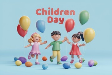 Poster - Three 3D cartoon children celebrating Children's Day with colorful balloons