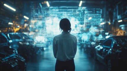 Poster - A woman stands in front of a computer screen with a car on it