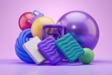 Poster - Abstract 3D render of colorful glossy shapes and spheres on a purple background
