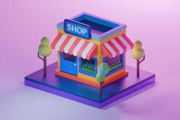Poster - A cute 3D rendered shop with a striped awning  showcasing bottles and small trees