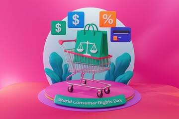 Poster - Shopping cart with scales and shopping bag symbolizes World Consumer Rights Day