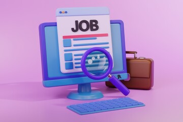 Poster - 3D job search concept illustration on purple background.