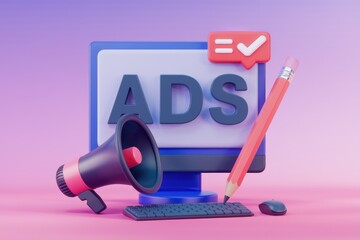 Aufkleber - 3D illustration of online ads concept with megaphone  pencil  and computer