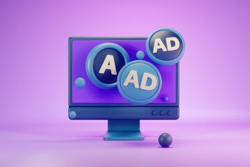 Poster - 3D render of a computer screen with AD icons  representing online advertising