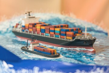 Poster - Miniature cargo ship and tugboat demonstrate global maritime trade.