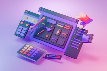 Poster - Colorful 3D digital design tools  interface elements  pencils  paint palette.