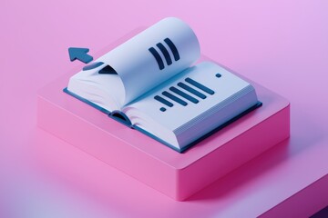 Fototapete - 3D open book on pink platform with arrow symbolizing learning