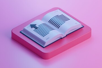 Fototapete - An open book rests on a pink platform  an upward arrow indicates progress or growth