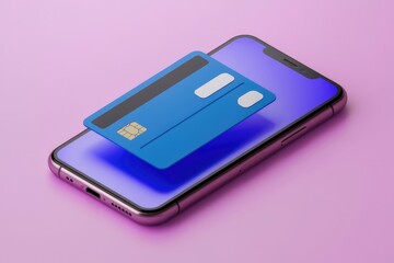 Poster - A blue credit card hovers above a smartphone  illustrating contactless mobile payments