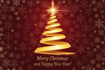 Poster - Golden spiral Christmas tree on red background with snowflakes.