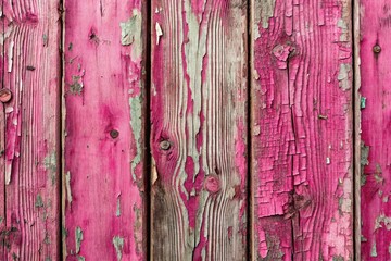 Poster - Close-up of Weathered Pink Wooden Planks with Peeling Paint and Textured Grain Detailing in a Double Exposure Style, Highlighting Natural Beauty and Rustic Charm
