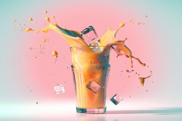 Poster - Orange juice splashing in a glass with ice cubes  vibrant colors  refreshing summer drink
