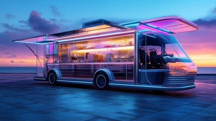 Poster - A futuristic food truck with a transparent design, ready for innovative concepts and creative overlays