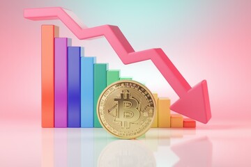 Poster - Bitcoin price decline shown on a colorful bar graph with a downward trending arrow