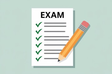 Poster - Exam checklist with completed tasks marked by green checkmarks and a pencil