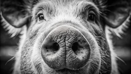 Poster - Closeup of a Pig's Nose in Black and White Fashion Photography - A Unique Perspective Highlighting Texture and Detail in Animal Features for Creative Projects