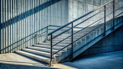 Poster - Closeup Silhouette of Modern Gray Metal Railing and Concrete Staircase, Capturing Architectural Design and Minimalism for Interior Spaces