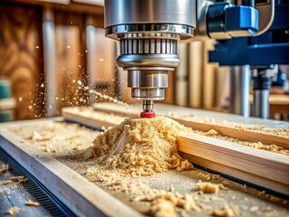Poster - CNC Router in Action: Macro Shot of Solid Ball End Mill Cutting Wood, Generating Intricate Sawdust Patterns and Showcasing Precision Craftsmanship in Woodworking