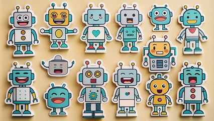 Poster - Collection of 15 Cute Robot Stickers Showcasing Diverse Emotions and Movements for Creative Projects and Digital Communication