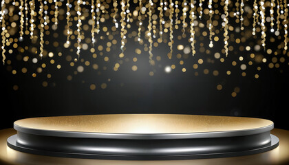 Wall Mural - empty podium for rewards on black background with silver and golden bokeh lights and sparkles